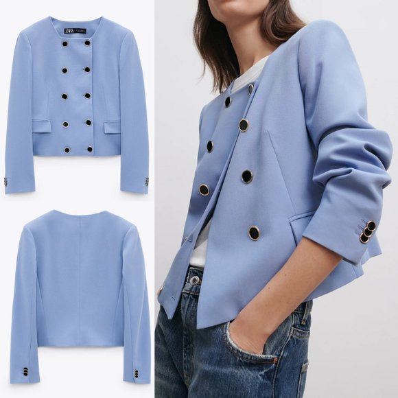 Zara Jackets & Blazers - NEW Zara Cropped Double Breasted Blazer Mid Blue S